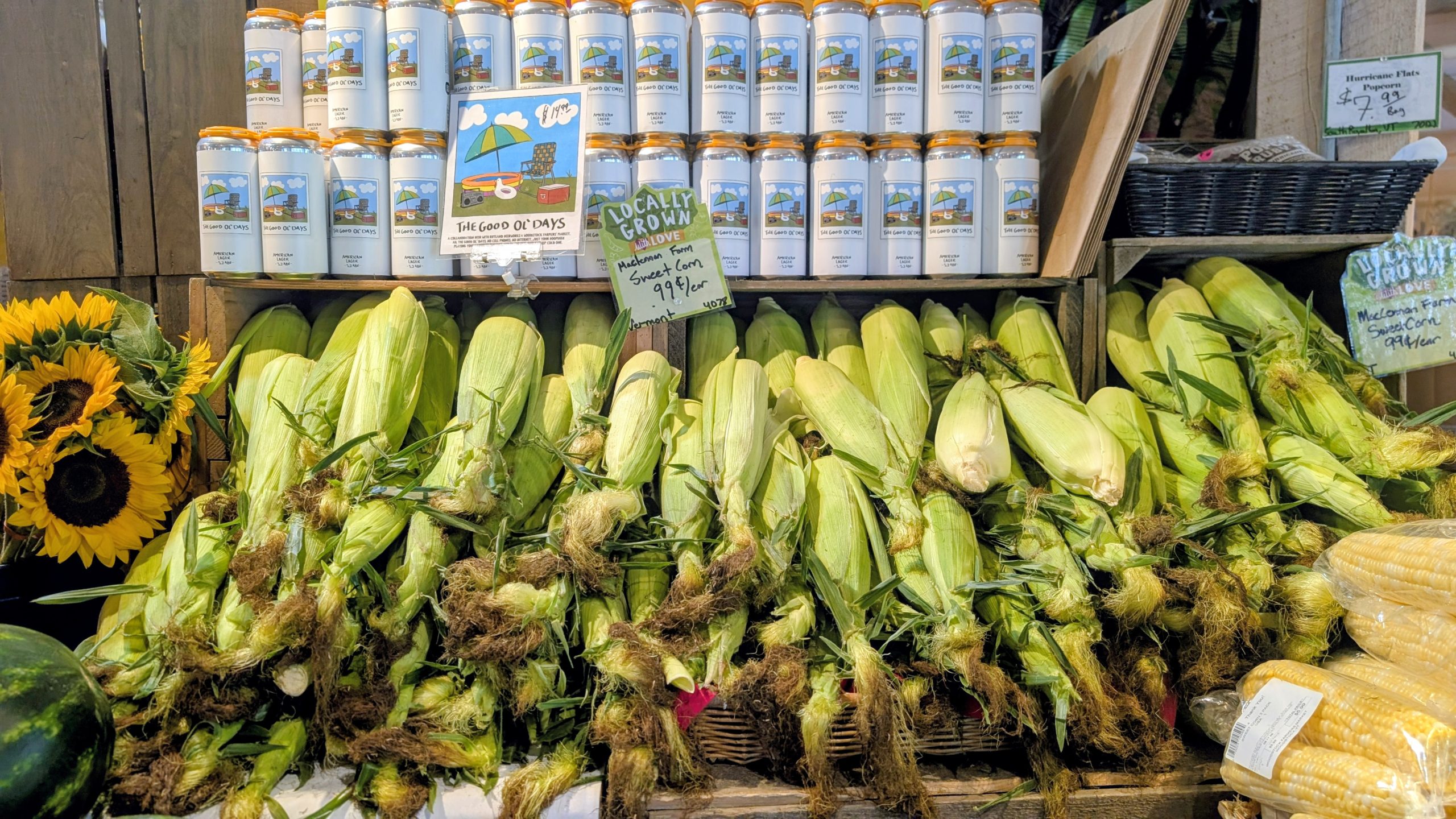 Local corn and Vermont beer at Woodstock Farmers' Market.